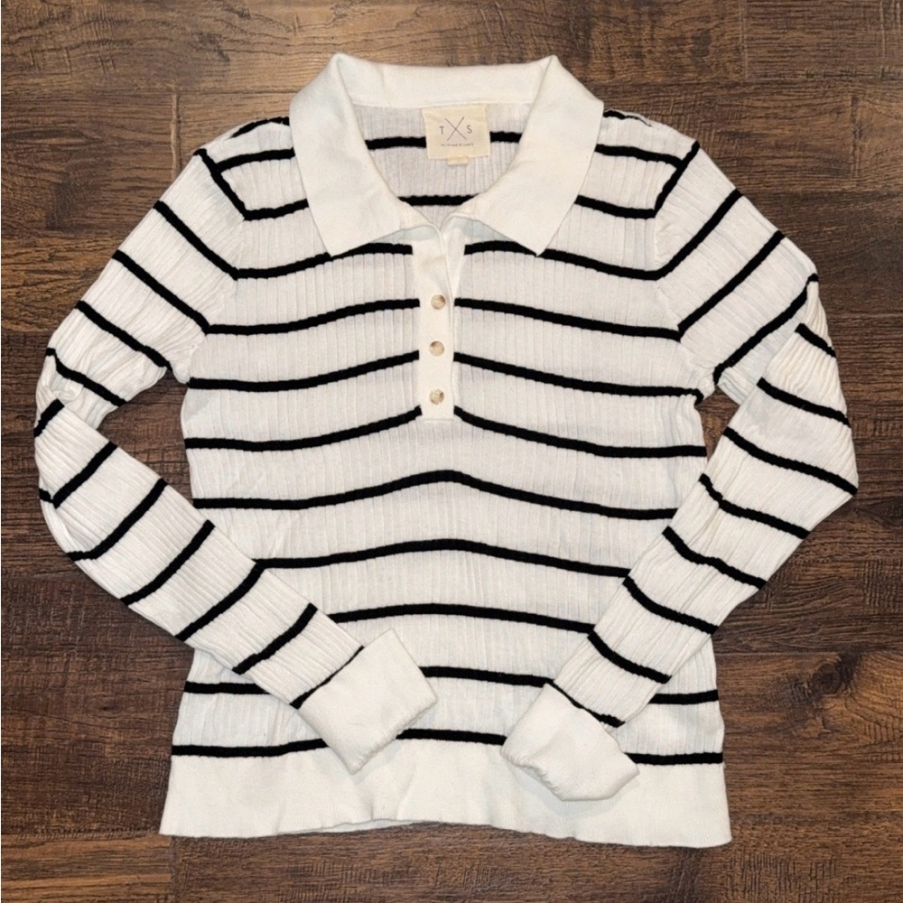 Thread and supply brand - Striped White and Black rubbed polo style top